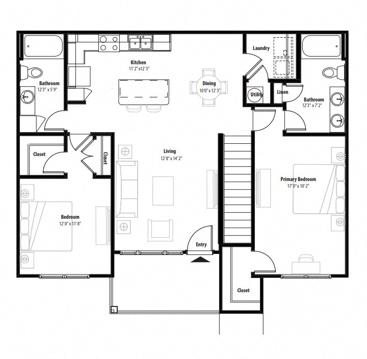 Floor plan for 2 beds, 2 baths, 1185 sqft